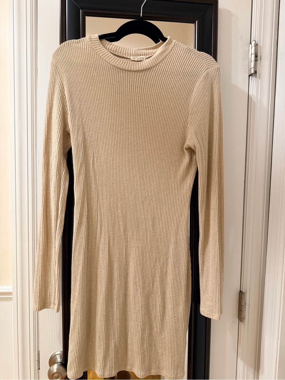 Ribbed Long-Sleeve Bodycon Dress in Beige